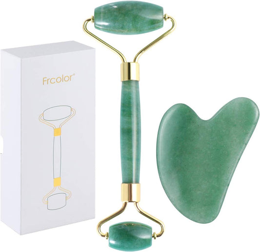 Rolo de jade para rosto, conjunto de piedras faciales naturales de jade, masajeador de piel con herramientas de raspagem Gua Sha